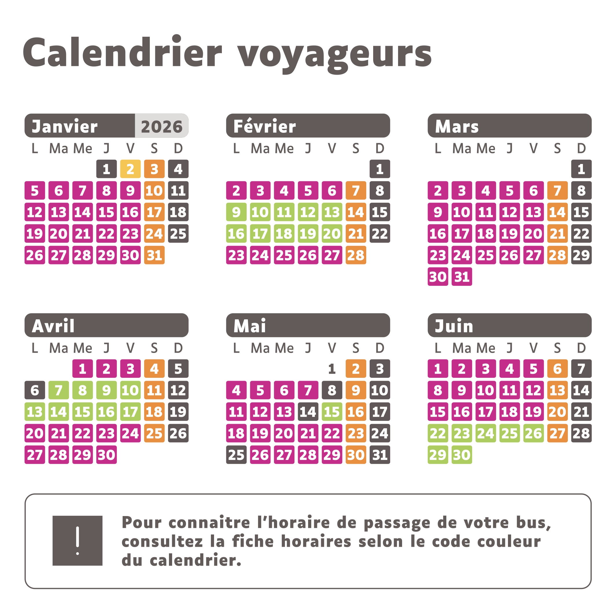 Calendrier voyageurs Janvier - Juin 2026