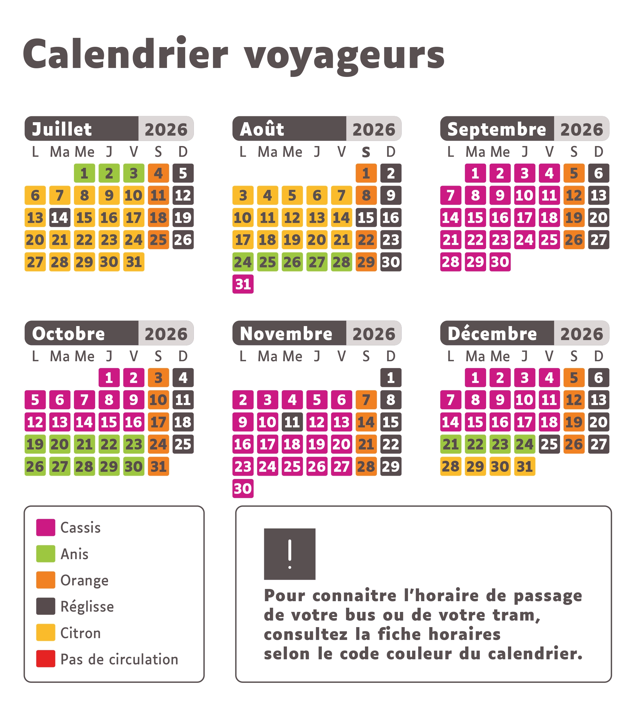 Calendrier voyageurs Juillet - Décembre 2026